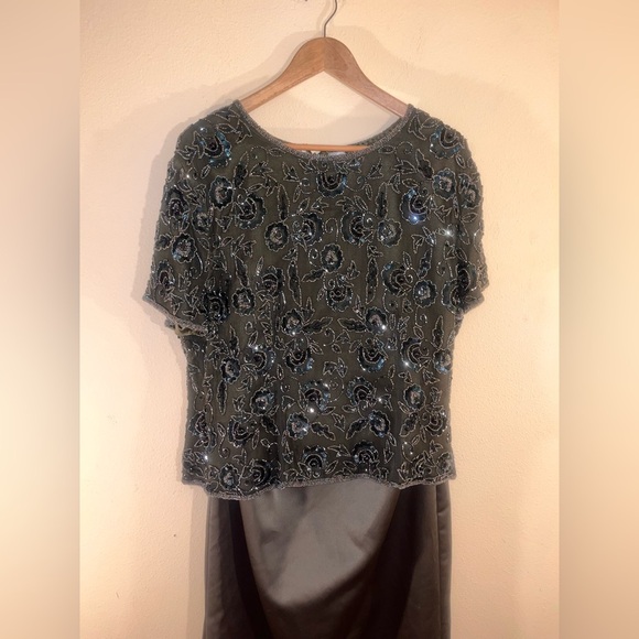 Scala Two Piece 100% Silk Beaded Forest Green Evening Gown XXL - Picture 4 of 11